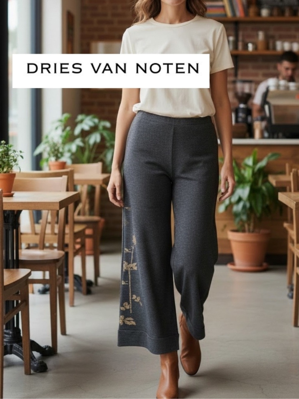 NEW Dries Van Noten Grey with gold metallic floral pants, L, GP1557